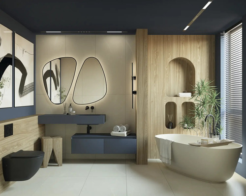 Moderná kúpeľňa s voľne stojacou vaňou, umývadlom, zrkadlom a toaletou.