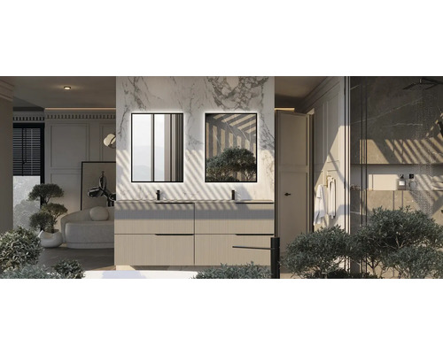 Svetlá kúpeľňa s dvojitým umývadlom, osvetlenými zrkadlami a sprchou