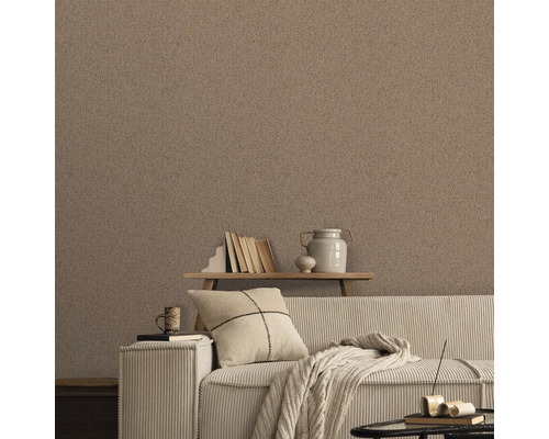 Obývacia izba so stenou s hrubou omietkou, pohovkou a knižnicou