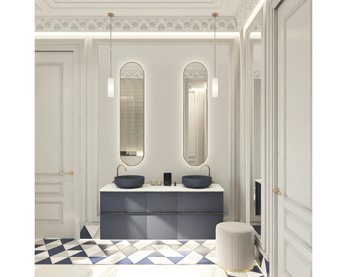 Kúpeľňa s dvojitým umývadlom, zrkadlami a geometrickými dlaždicami