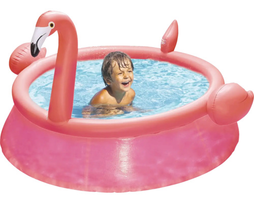 Nafukovací detský bazénik s motívom plameniaka s dieťaťom vo vode.