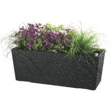 Obdĺžnikový kvetináč s fialovými a bielymi kvetmi