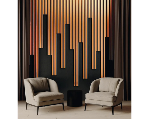 Obývacia izba s dvomi kreslami, malým stolíkom a stenou s dreveným obkladom