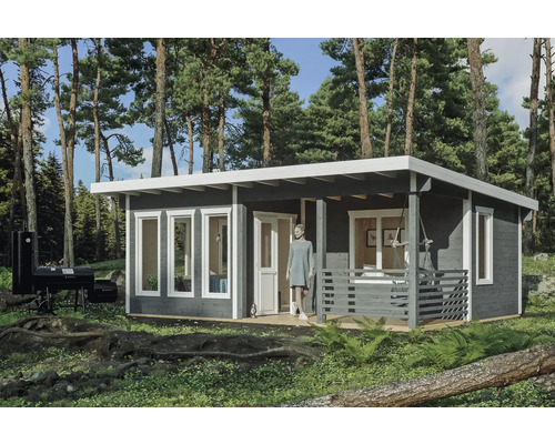 Drevený záhradný domček SKAN HOLZ Arnhem, 670 x 444 cm, bridlicovo sivá Moderný drevený záhradný domček s plochou strechou, oknami a grilom vo vonkajšom priestore.