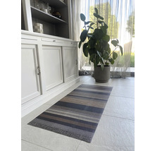 Interiérová fotografia pruhovaného koberca pred skriňou a izbovou rastlinou.