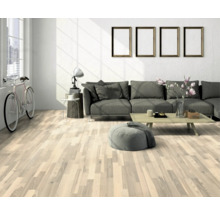 Svetlá obývacia izba s drevenou podlahou, pohovkou a dekoratívnymi prvkami pre útulnú atmosféru.