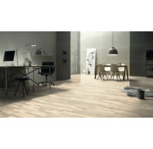 Svetlá miestnosť s drevenou podlahou, písacím stolom a jedálenským stolom.