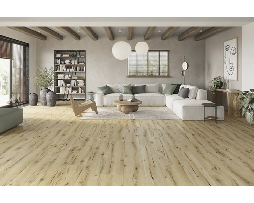 Svetlá obývacia izba s dreveným trámovým stropom, knižnicou, bielou pohovkou a drevenou podlahou