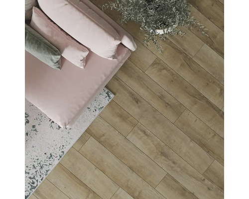 Pohľad na izbu s drevenou podlahou, pohovkou, vankúšmi a rastlinou