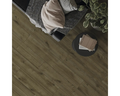 Pohľad zhora na miestnosť s laminátovou podlahou, kreslom, príručným stolíkom a izbovou rastlinou.