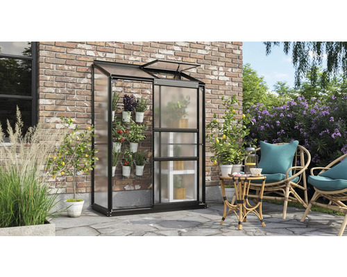 Skleník z kovu a plastu s rastlinami na terase