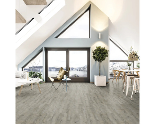 Svetlá obývacia izba so strešnými oknami, laminátovou podlahou, sedením a izbovou rastlinou