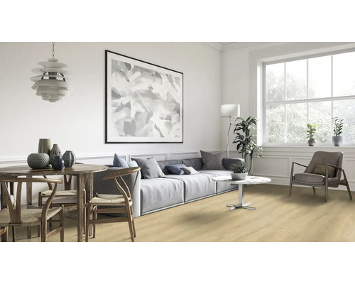 Svetlá obývacia izba s jedálenským stolom, pohovkou a veľkým oknom.