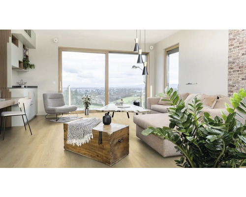 Svetlá obývacia izba s pohovkou, kreslom, drevenou truhlou a drevenou podlahou