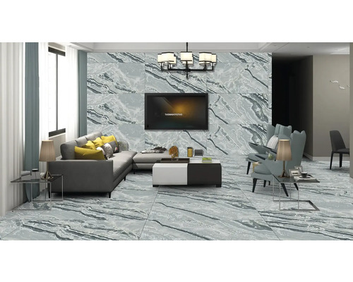 Obývacia izba s obkladmi stien a podláh vo vzhľade mramoru