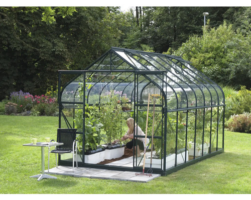 Skleník so sklom a rastlinami v záhrade