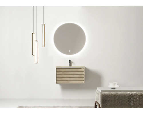 Moderná kúpeľňová súprava s umývadlom, okrúhlym zrkadlom a závesnými svietidlami