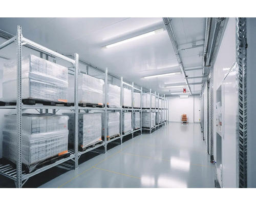 Skladovací priestor s regálmi plnými tovaru