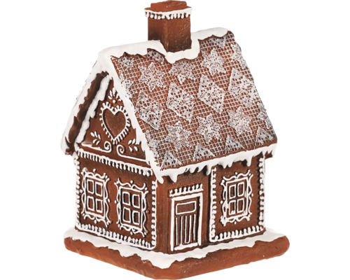 Perníková chalúpka polyresin s LED osvetlením 13 x 13 x 18 cm hnedá s bielym zdobením Medovníkový domček s dekorom