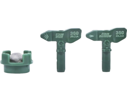 Tri zelené striekacie nadstavce pre striekacie zariadenia s označeniami Stain Wide, Stain Narrow a filter.