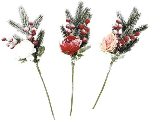 Vetva zasnežená, smrek s ružou 38cm, mix Dekoratívne kvetinové aranžmány s vetvami jedlí a bobuľami
