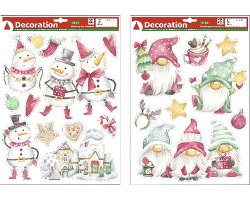 Fólie na okno, rôzne druhy Dva hárky samolepiek na okná na vianočnú dekoráciu so snehuliakmi a trpaslíkmi
