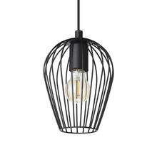 Čierna závesná lampa s drôteným tienidlom a žiarovkou