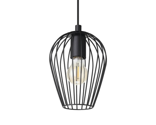 Čierna závesná lampa s drôteným tienidlom a žiarovkou