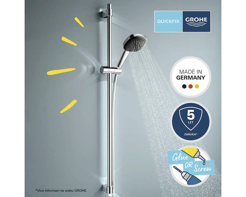Sprchová súprava Grohe s tyčou a vodnými tryskami. Označenie Vyrobené v Nemecku. Päťročná záruka. Montáž lepením alebo skrutkovaním. Logo Grohe.