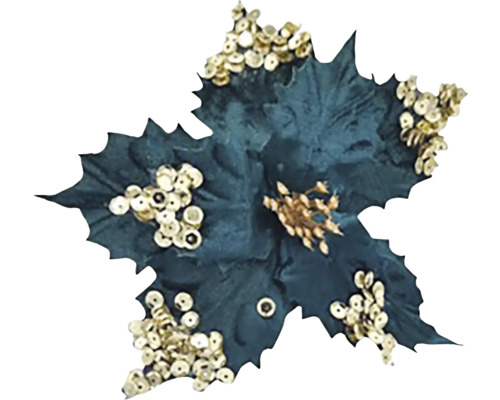 Kvet so zlatými korálkami látkový 25 cm tyrkysový Dekoratívna vianočná hviezda s ozdobnými zlatými flitrami
