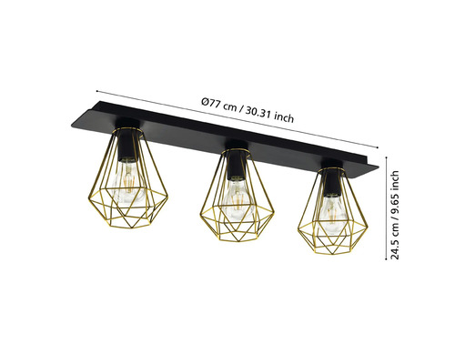 Stropné svietidlo s tromi žiarovkami, kovovými klietkami a rozmermi.
