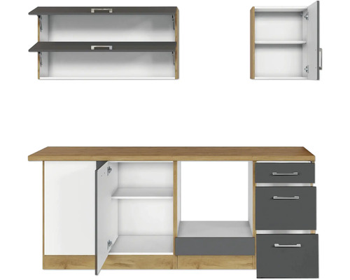 Kuchynský nábytok s hornými skrinkami, spodnými skrinkami a zásuvkami
