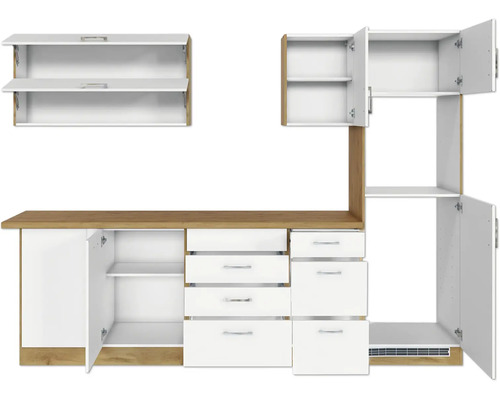 Kuchynská linka so zásuvkami, skrinkami a policami na uloženie kuchynského riadu