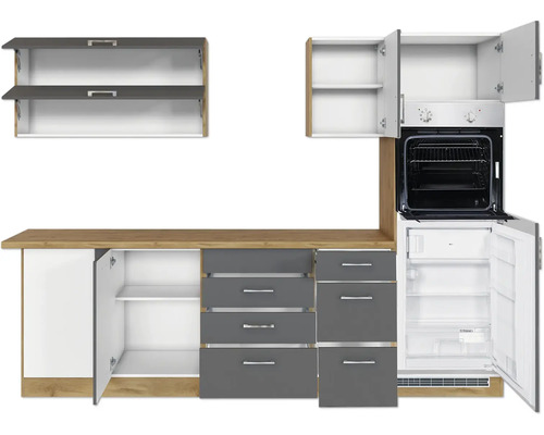 Kuchynská linka so skrinkami, zásuvkami, rúrou a chladničkou