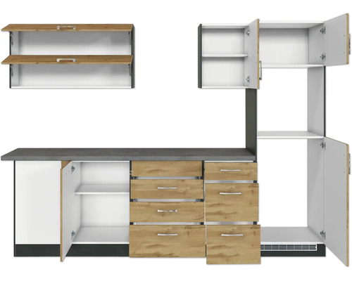 Kuchynská linka so zásuvkami, skrinkami a policami na vybavenie kuchyne