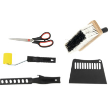 Súprava tapetárskeho náradia s nožnicami, štetkou, valčekom na farbu a špachtľou