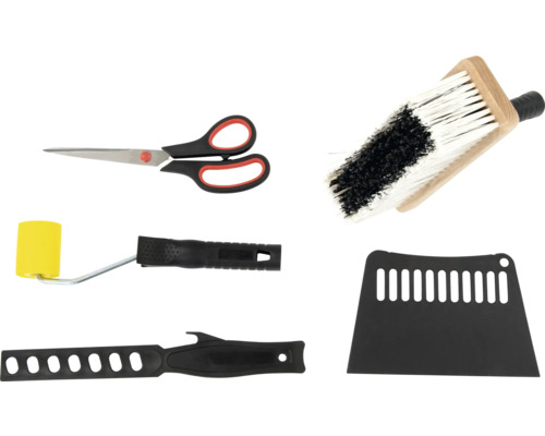Súprava tapetárskeho náradia s nožnicami, štetkou, valčekom na farbu a špachtľou