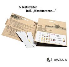 Päť testovacích prúžkov na analýzu vody vrátane návodu od spoločnosti Lawana