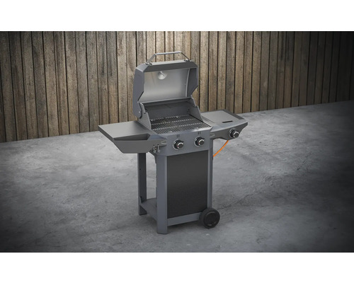 Plynový gril s dvomi horákmi, úložnými plochami a otvoreným vekom