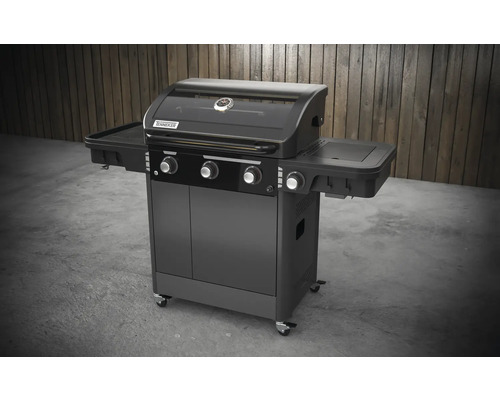 Plynový gril s tromi horákmi, bočnými policami a spodnou skrinkou na kolieskach