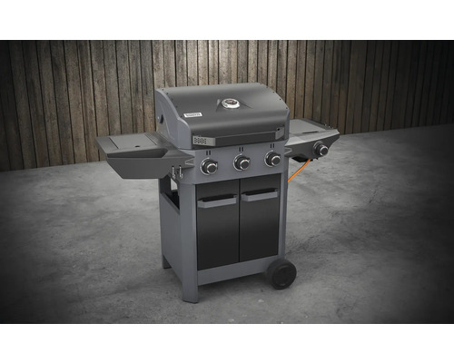 Plynový gril s tromi horákmi, bočnými stolmi a skriňou