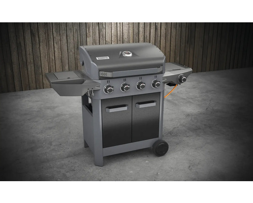 Plynový gril so štyrmi horákmi, odkladacími plochami, spodnou skrinkou a kolieskami