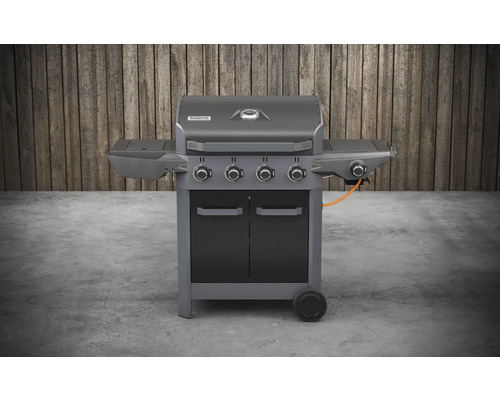 Plynový gril so štyrmi horákmi, bočnými stolíkmi a spodnou skrinkou