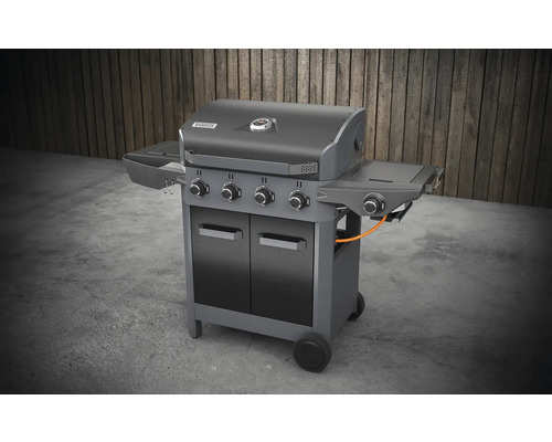 Plynový gril so štyrmi horákmi, bočnými stolíkmi a spodnou skrinkou
