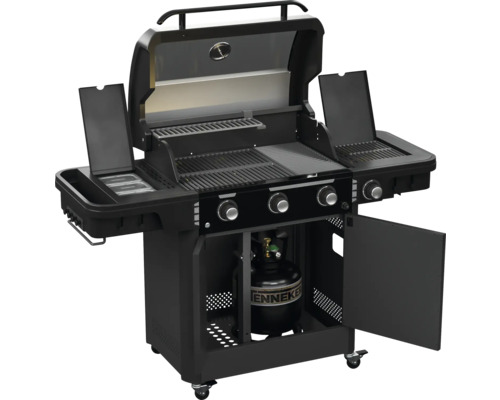 Plynový gril s bočnými horákmi, grilovacími roštami a úložným priestorom pre plynovú fľašu