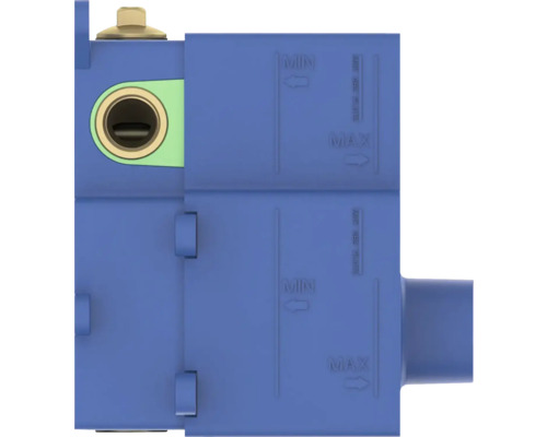 Detailný pohľad na modrú splachovaciu armatúru s minimálnym a maximálnym označením