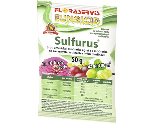 Prípravok proti múčnatke fungicíd Sulfurus Floraservis 50 g Balenie fungicídu Sulfurus proti americkej múčnatke egreša a múčnatke na okrasných rastlinách a iných plodinách