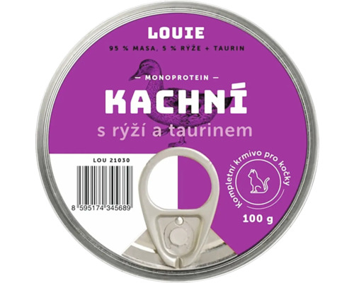 LOUIE mokré krmivo pre mačky kačica s ryžou a taurínom v konzerve, 100 gramov
