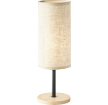 Stolná lampa s látkovým tienidlom a okrúhlou drevenou základňou