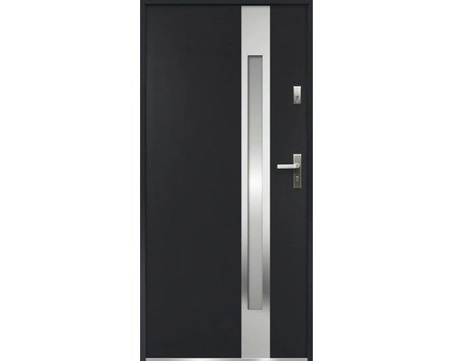 Kovové vchodové dvere S68 Ariadna 90 P antracit otváranie dovnútra Vchodové dvere s vertikálnou sklenenou vložkou a kľučkou